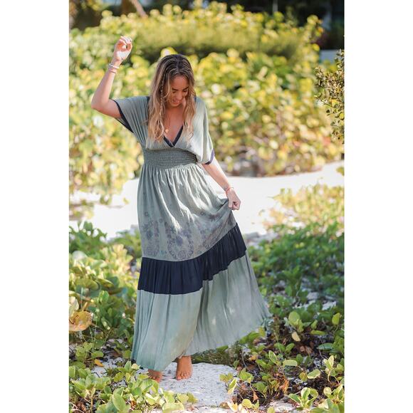 Maxi Dress T. ZOVICH Floral Green Purple Floral Mixed Media Smocked Chiffon Trim - Picture 9 of 10